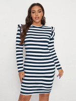 Women Plus Size Two Tone Striped Ruffle Detail Dress