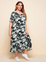Women Plus Size Striped Sleeve Ruffle Hem Camo Print Dress Without Bag