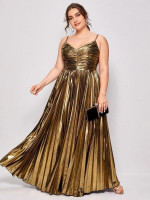 Women Plus Size Metallic Ruched Pleated Maxi Cami Dress