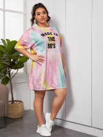 Women Plus Size Slogan Graphic Tie Dye Tee Dress