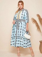 Women Plus Size Contrast Tape Self Belted Gingham and Tribal Shirt Dress