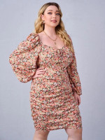 Women Plus Size Allover Floral Print Ruched Bishop Sleeve Dress