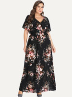 Women Plus Size Floral Print V Neck Dress