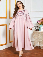 Women Plus Size Floral Embroidery Flounce Sleeve Smock Dress