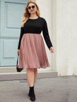 Women Plus Size Two Tone Pleated Hem Combo A-line Dress