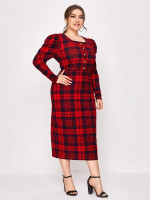 Women Plus Size Button Front Gigot Sleeve Split Back Plaid Fitted Dress