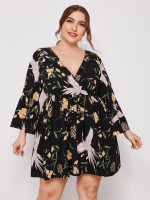 Women Plus Size Surplice Neck Flounce Sleeve Floral & Crane Bird Dress