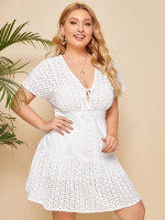 Women Plus Size Eyelet Embroidery Tie Front A-line Dress