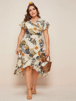 Women Plus Size Floral & Plants Print Ruffle Asymmetrical A-line Dress