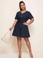 Women Plus Size V-neck Button Front Belted A-line Dress