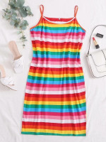 Women Plus Size Rainbow Striped Cami Dress