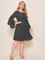 Women Plus Size Dalmatian Print Flounce Sleeve A-line Dress