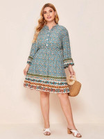 Women Plus Size Button Front Paisley & Floral Print Flounce Hem Dress