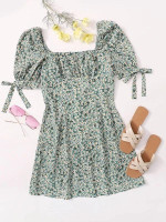 Women Plus Size Puff Sleeve Knot Cuff Ruched Bust Daisy Floral Dress