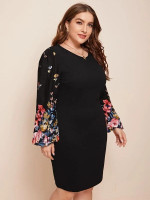 Women Plus Size Floral Print Lantern Sleeve Dress