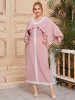 Women Plus Size Contrast Guipure Lace Trim Ruffle Trim Cape Dress