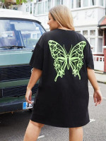 Women Plus Size Drop Shoulder Butterfly Print Tee Dress