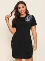 Women Plus Size Sequins Panel Ripped Fitted Dress