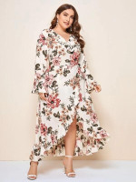Women Plus Size Bell Sleeve Floral Ruffle Trim Wrap Dress