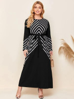 Women Plus Size Stripe Print Belted Tunic Dress