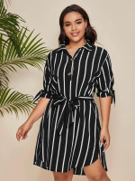 Women Plus Size Button Front Curved Hem Belted Shirt Dress