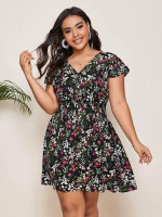 Women Plus Size Ditsy Floral Shirred Waist A-line Dress