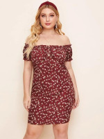 Women Plus Size Frilled Off Shoulder Shirred Ditsy Floral Bodycon Dress