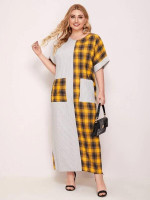 Women Plus Size Gingham & Striped Pocket Patched Dress