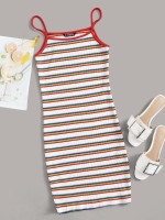 Women Plus Size Rib-knit Rainbow Striped Slip Dress