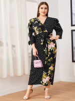 Women Plus Size Puff Sleeve Split Hem Spliced Polka Dot and Floral Dress