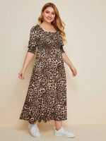 Women Plus Size Double Square Neck Shirred Detail Leopard Dress