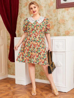 Women Plus Size Contrast Lace Doll Collar Allover Floral Dress