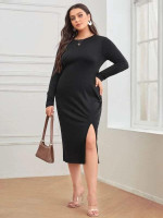 Women Plus Size Solid Split Thigh Fitted Dress