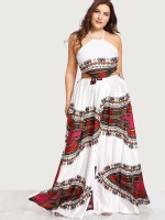 Women Plus Size Ornate Print Lace Up Backless Dress