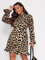 Women Plus Size Frill Trim Tie Neck Flounce Hem Leopard Dress