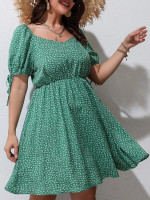 Women Plus Ditsy Floral Sweetheart Neck Knot Sleeve Dress
