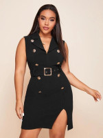 Women Plus Size Notched Collar Double Breasted Buckle Belted Split Hem Dress