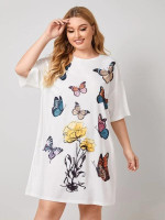 Women Plus Size Drop Shoulder Floral & Butterfly Print Tee Dress