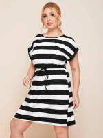 Women Plus Size Striped Drawstring Waist Dress