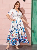 Women Plus Size Butterfly Print Belted Maxi Dress