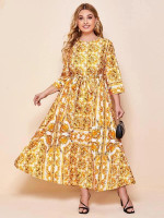 Women Plus Size Baroque Print Self Belted Maxi Dress