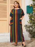 Women Plus Size Pocket Front Colorful Striped Dress