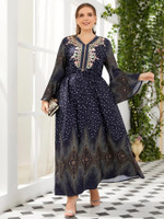 Women Plus Polka Dot Floral Embroidery Bell Sleeve Dress