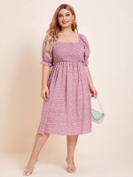 Women Plus Size Puff Sleeve Shirred Ditsy Floral Dress