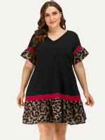 Women Plus Size Contrast Leopard Print Ruffle Hem Smock Dress