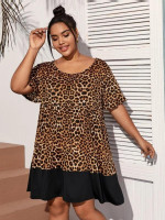 Women Plus Size Leopard Print Ruffle Hem Smock Dress