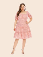 Women Plus Size Polka Dot Ruched Bust Layered Frill Hem Dress