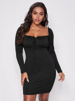 Women Plus Size Frill Trim Ruched Bust Square Neck Dress
