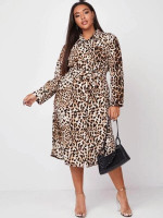 Women Plus Size Leopard Print Belted Shirt Dress