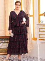 Women Plus Size Lace Surplice Flounce Sleeve Layered Dress